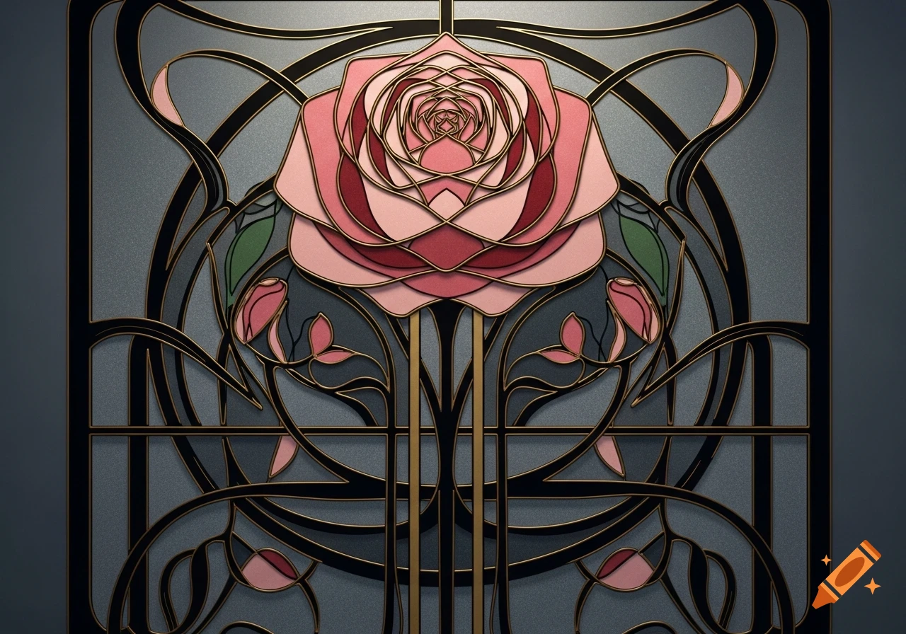 A stylized Art Nouveau pink rose with gold outlines and intricate black lines, resembling a stained glass panel.