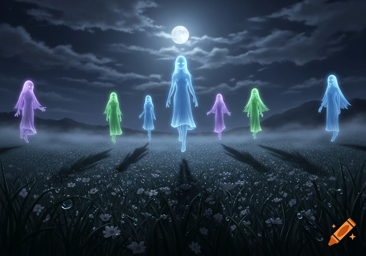 Seven ethereal, glowing figures in various colors float above a field of flowers under a full moon in a misty night scene.