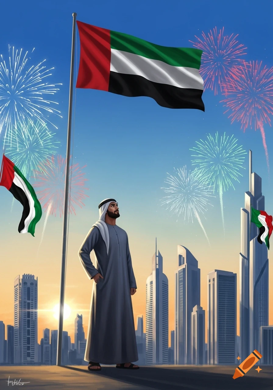 An Emirati man in traditional dress looks up at a large UAE flag, with fireworks and a city skyline at sunset in an illustration.