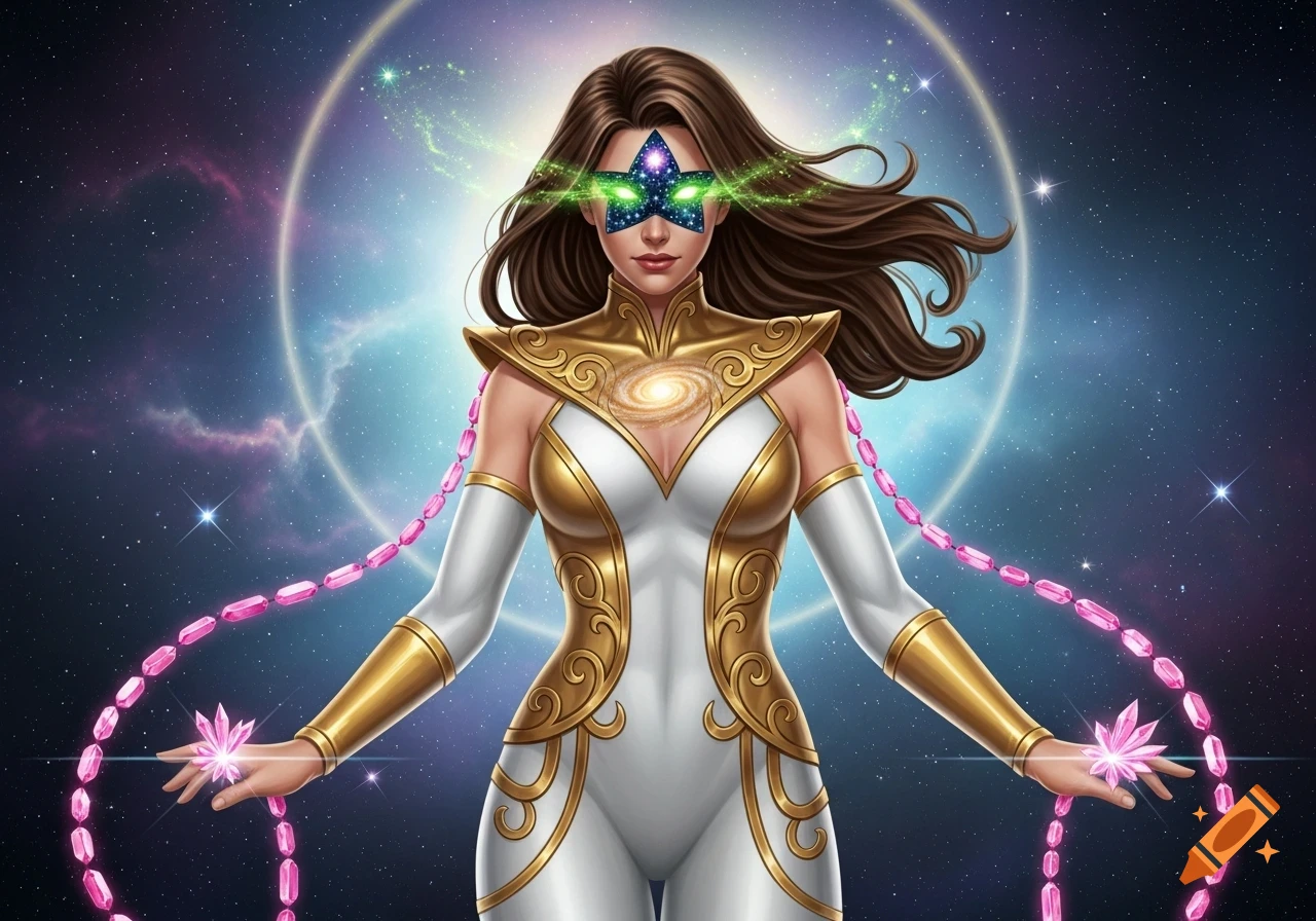 A full-costumed female superhero with brown hair and a star-shaped mask over glowing green, galaxy-filled eyes. She wears a gold and white spandex suit with scrollwork designs and holds pink crystal accessories, set against a cosmic background.