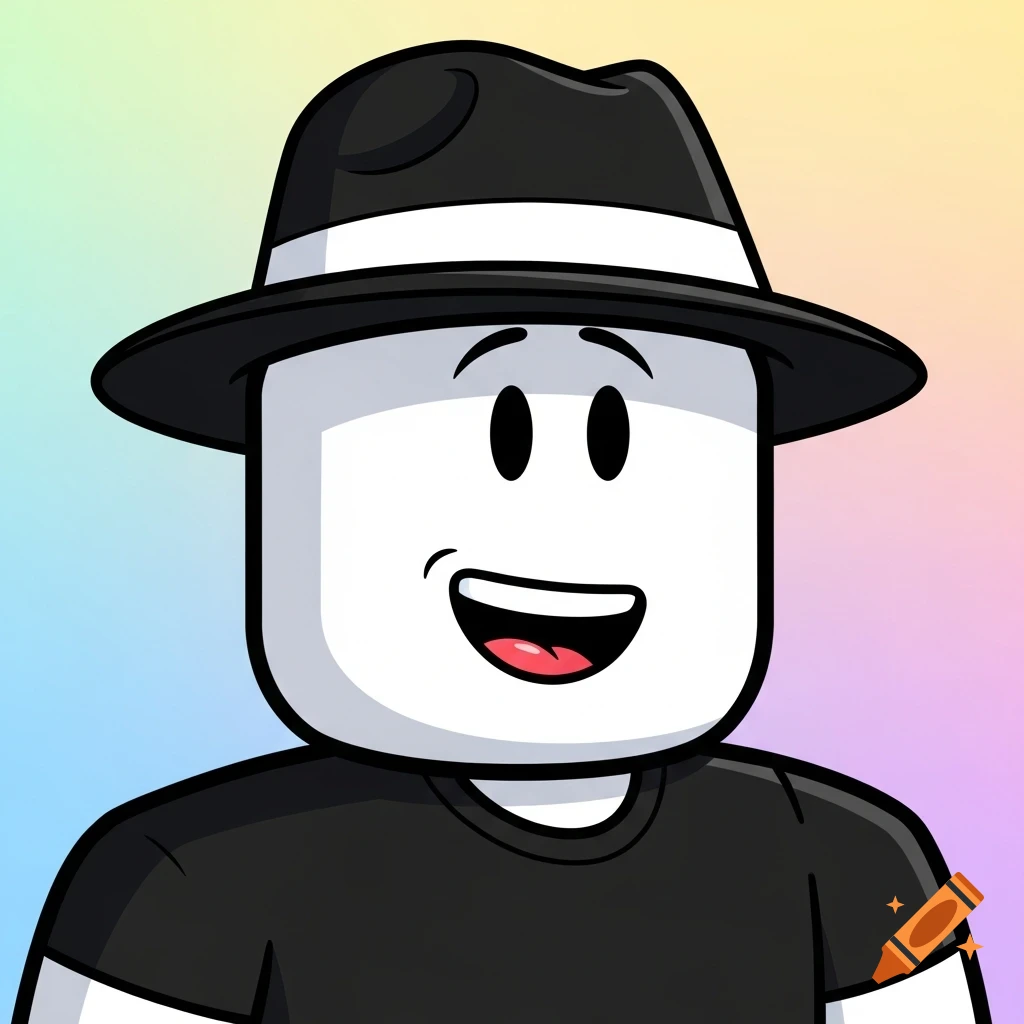 A cartoon Roblox avatar with white skin, a black fedora, a simple smiling face, and a black shirt against a colorful gradient background.