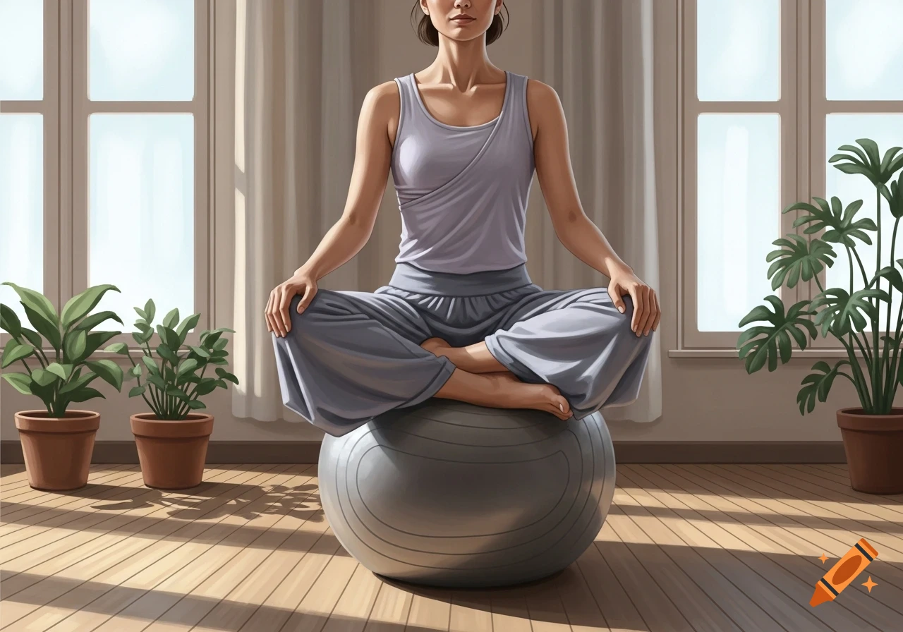 Woman sitting cross-legged on a grey yoga ball in a bright room with plants.