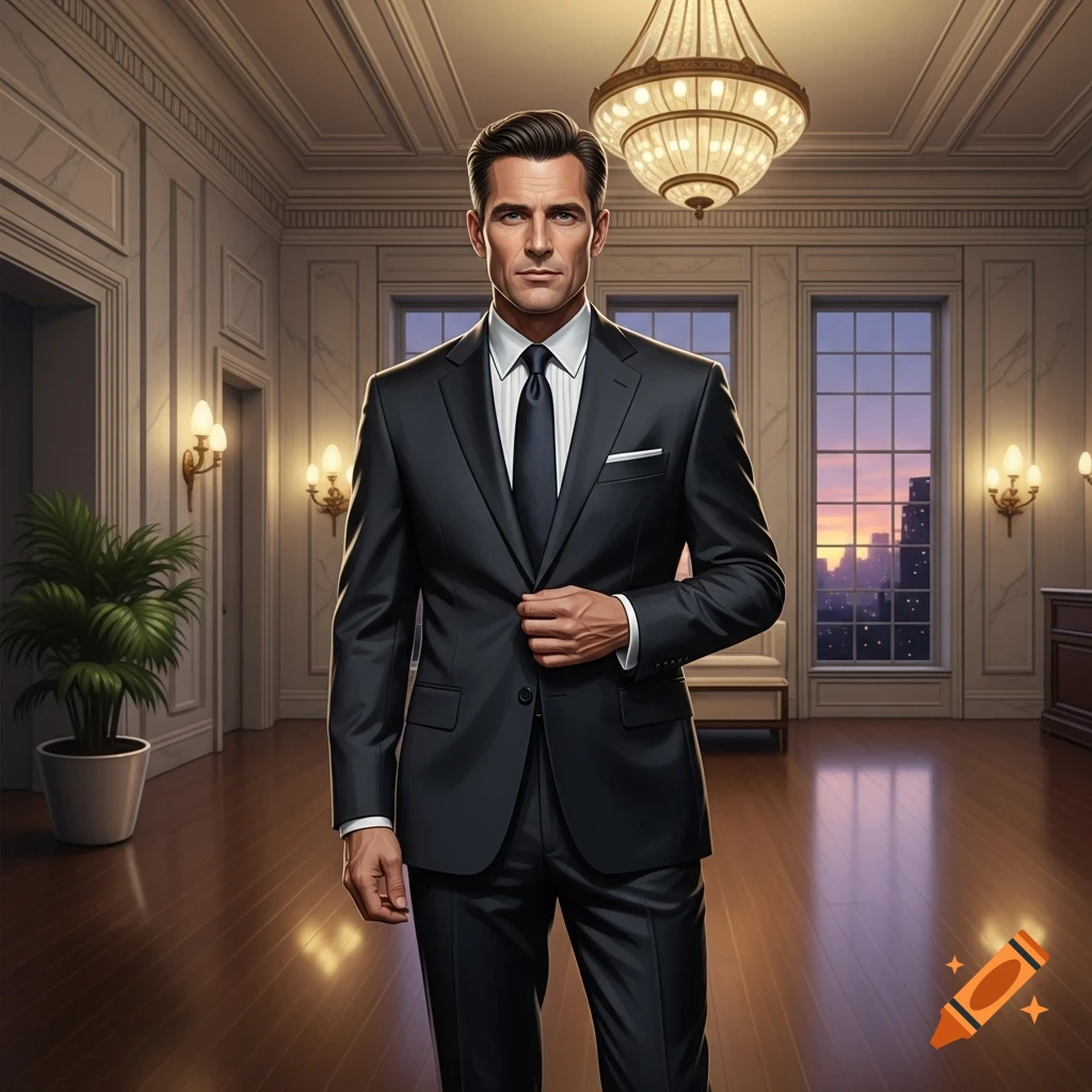Photorealistic image of a dapper man in a dark suit holding his lapel in an opulent room with a city view at sunset.