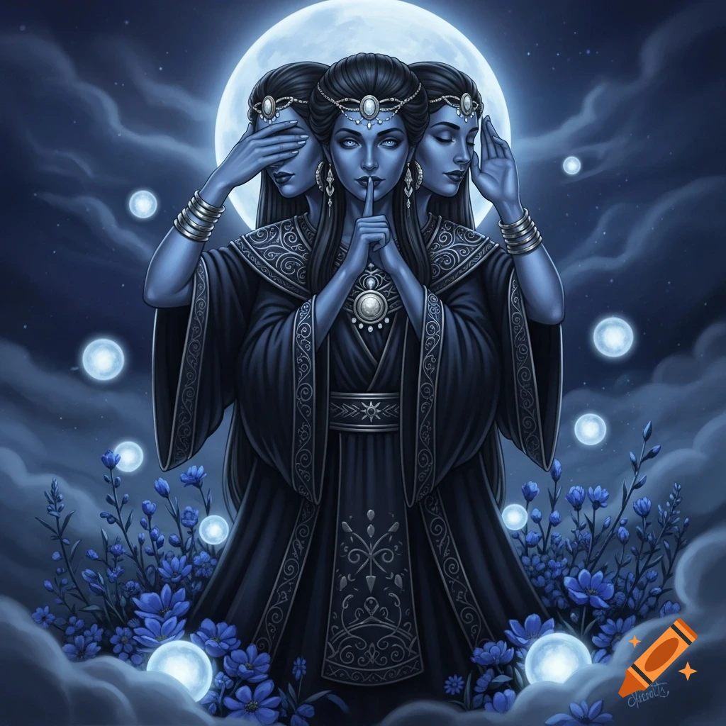 A three-headed blue-skinned goddess in a dark gown, Hecate, making see no evil, speak no evil, hear no evil gestures under a full moon with glowing orbs and blue flowers, fantasy art.