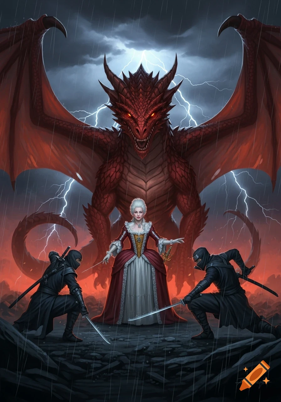 A large red dragon looms over a woman in a red gown standing between two ninjas with swords, under a stormy, lightning sky.