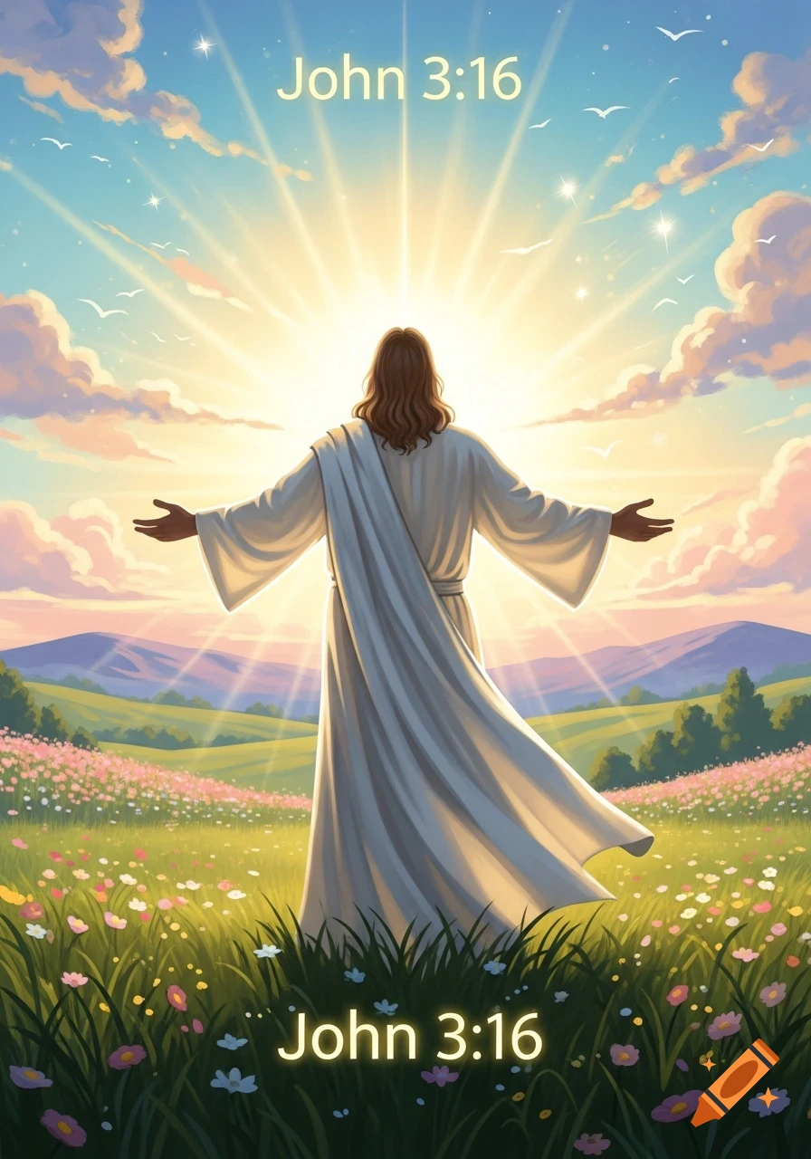 Illustrative depiction of Jesus with arms outstretched, standing in a vibrant flower field bathed in radiant sunlight, with 'John 3:16' text.