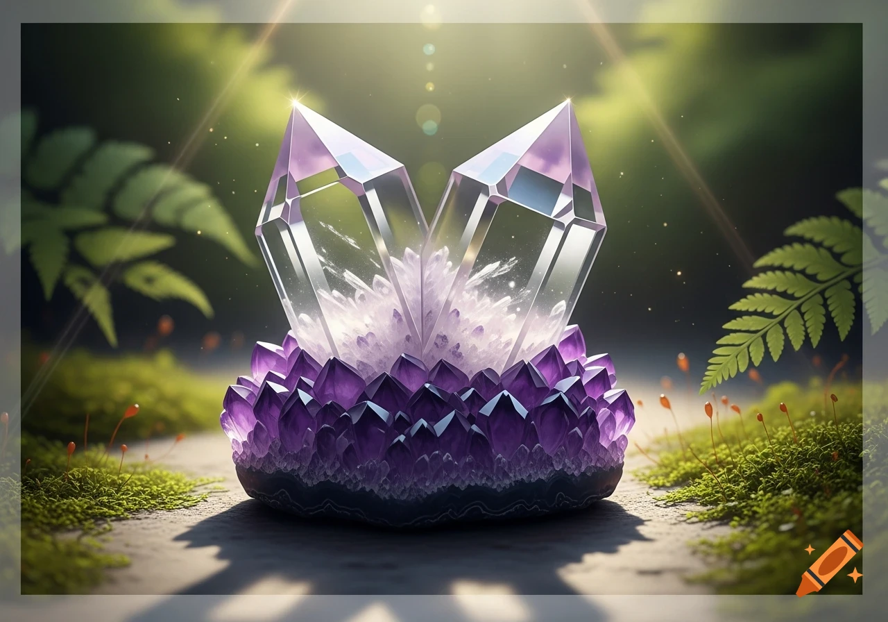 Two clear quartz crystals rise from purple amethyst on a mossy forest floor, bathed in sparkling sunlight.