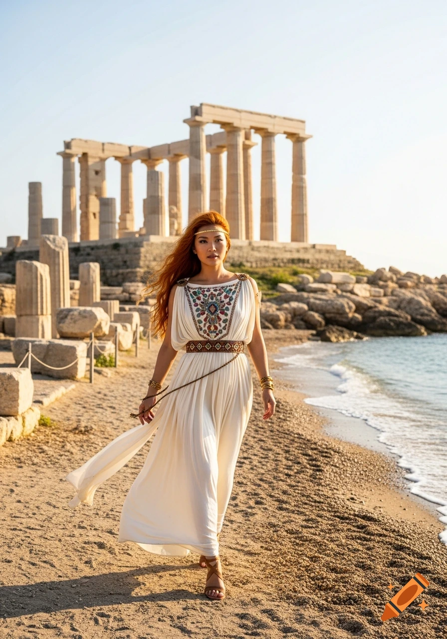 A woman with long orange hair, dressed in an ancient Greek queen's white gown, walks on a sandy beach with temple ruins in the background.