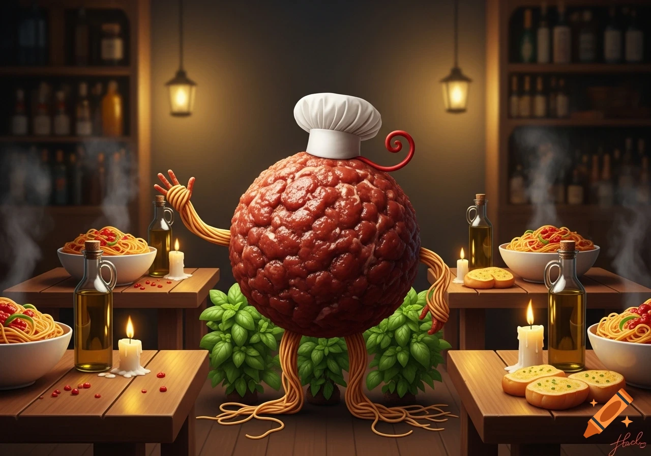 A large, anthropomorphic meatball chef with spaghetti limbs stands in a rustic Italian restaurant, surrounded by pasta, olive oil, and candles.