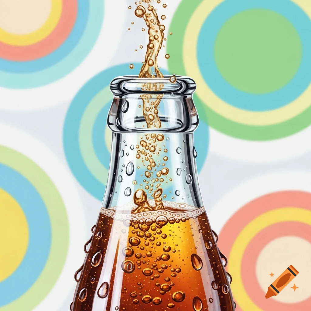 Close-up of a clear soda bottle with fizzy brown liquid, bubbles, and splashing liquid against a background of colorful concentric circles.