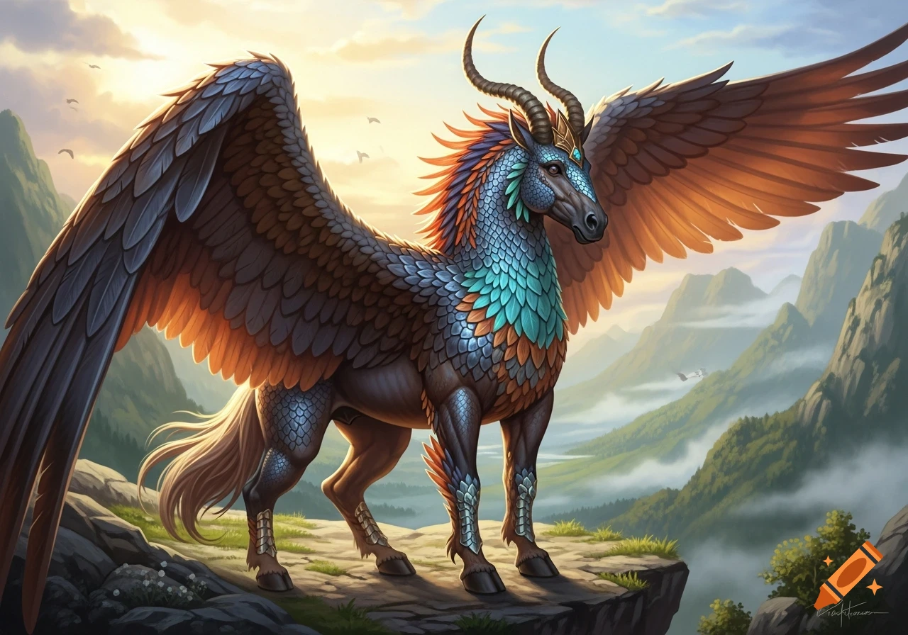 A majestic winged, horned horse-like creature with blue and orange ...