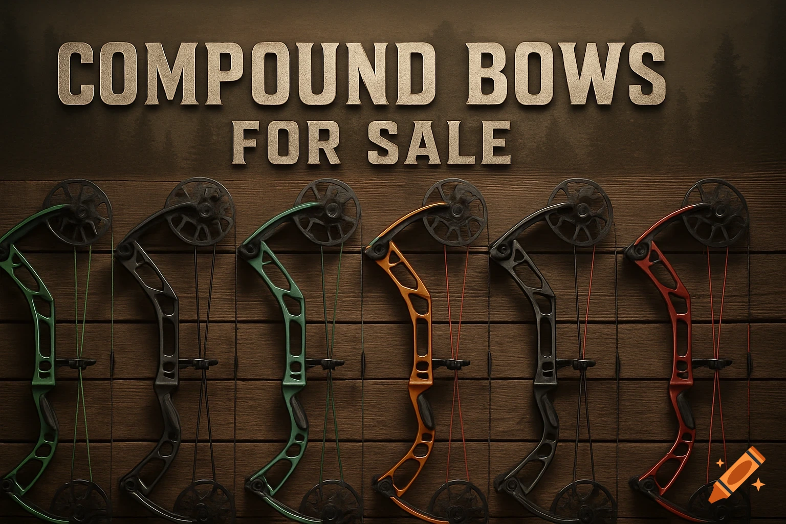 Multiple colorful compound bows hanging on a wooden wall under text reading 'COMPOUND BOWS FOR SALE', in a photorealistic style.