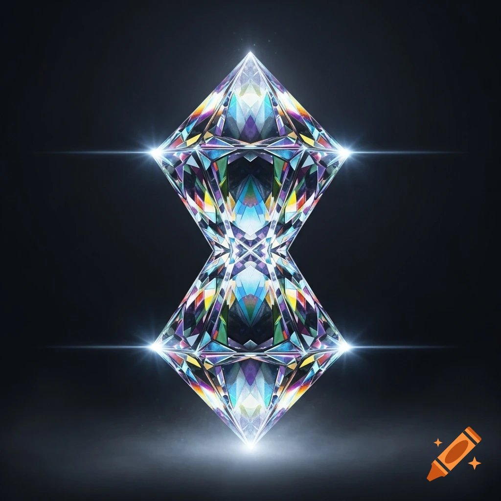 A vibrant, faceted double-terminated crystal radiates light against a dark background, showcasing an abstract geometric design.