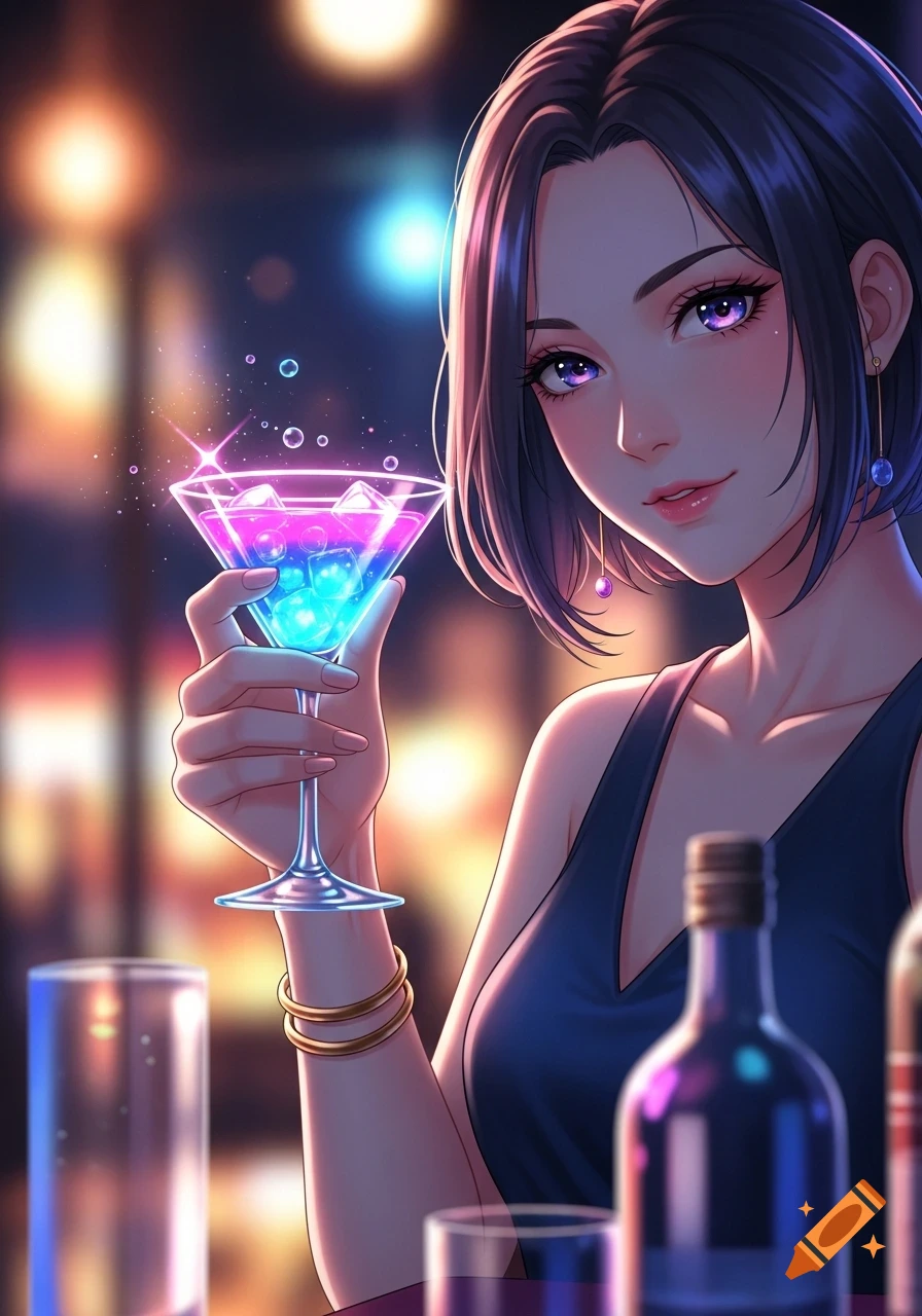 Anime illustration of a woman holding a glowing pink and blue cocktail in a stylish bar with blurry neon lights.
