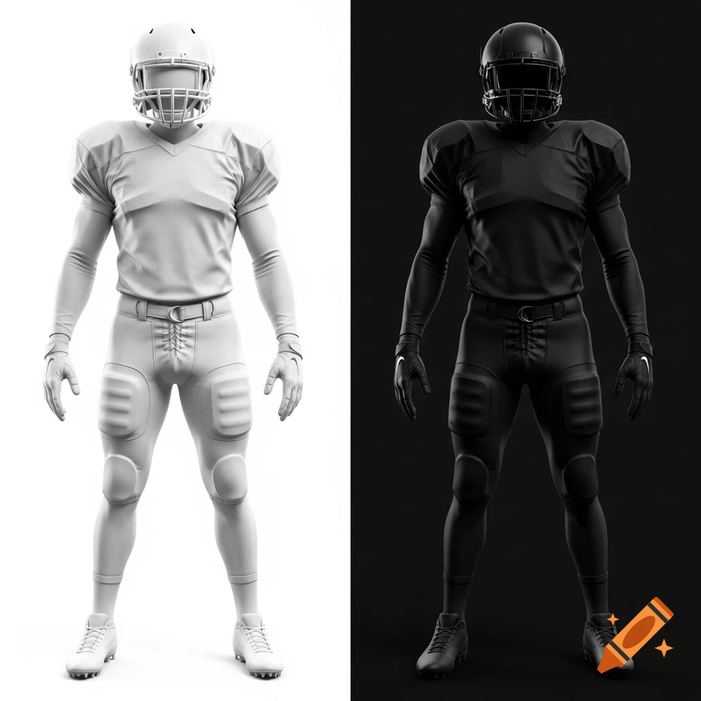 Two full-length American football players, one in a white uniform on a white background and one in black on a black background.