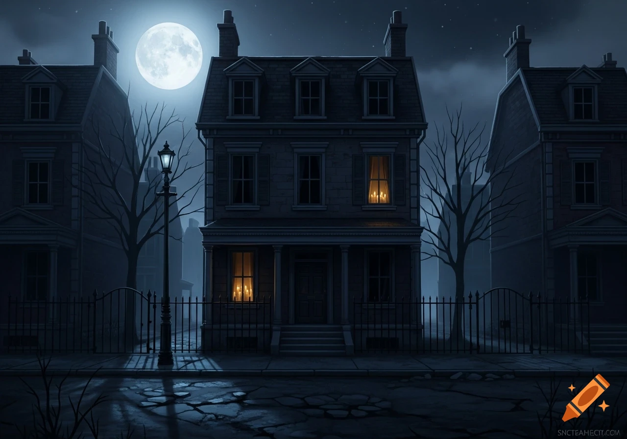 Eerie moonlit street with old city houses, one glowing with warm candle light from within.