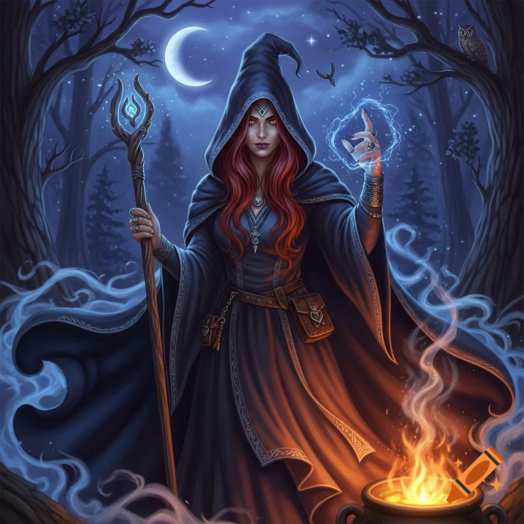 A red-haired witch in a dark hooded cloak stands in a moonlit forest, holding a glowing staff and casting magic over a fiery cauldron. Detailed fantasy art.