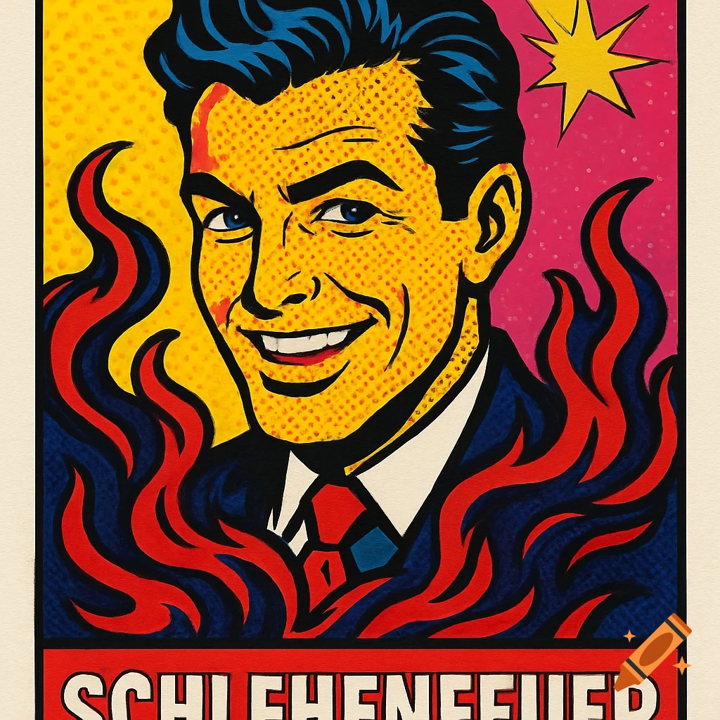 Pop art illustration of a smiling man in a suit surrounded by red and blue flames, with 'SCHLEHENFEUER' text at the bottom.