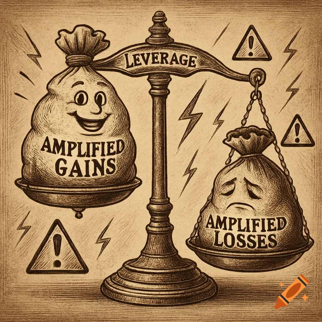Vintage illustration of a scale with 'LEVERAGE' on top, balancing a happy 'AMPLIFIED GAINS' money bag and a sad 'AMPLIFIED LOSSES' money bag, with warning signs.