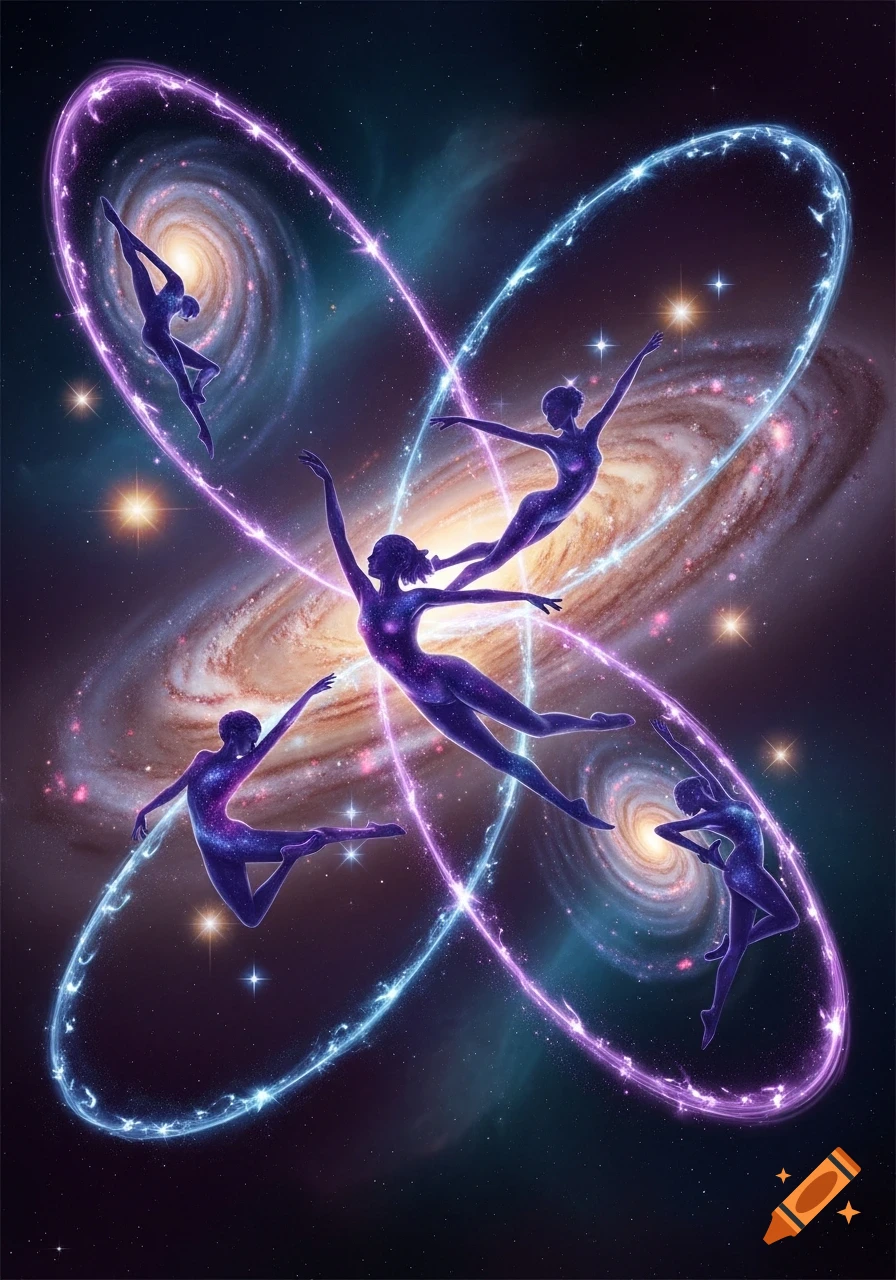Cosmic figures with starry bodies dance gracefully amidst swirling ...