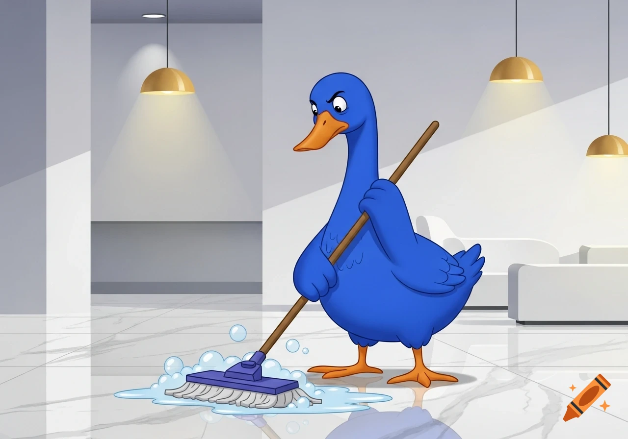 A cartoon blue goose with an angry expression mops a tiled floor with soap bubbles in a modern room.