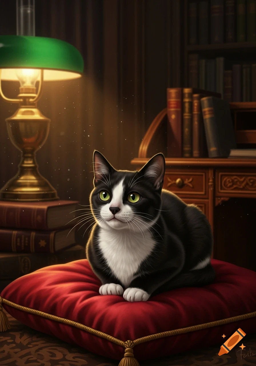 A black and white tuxedo cat with green eyes sits on a red cushion in a dimly lit library next to a glowing green lamp.