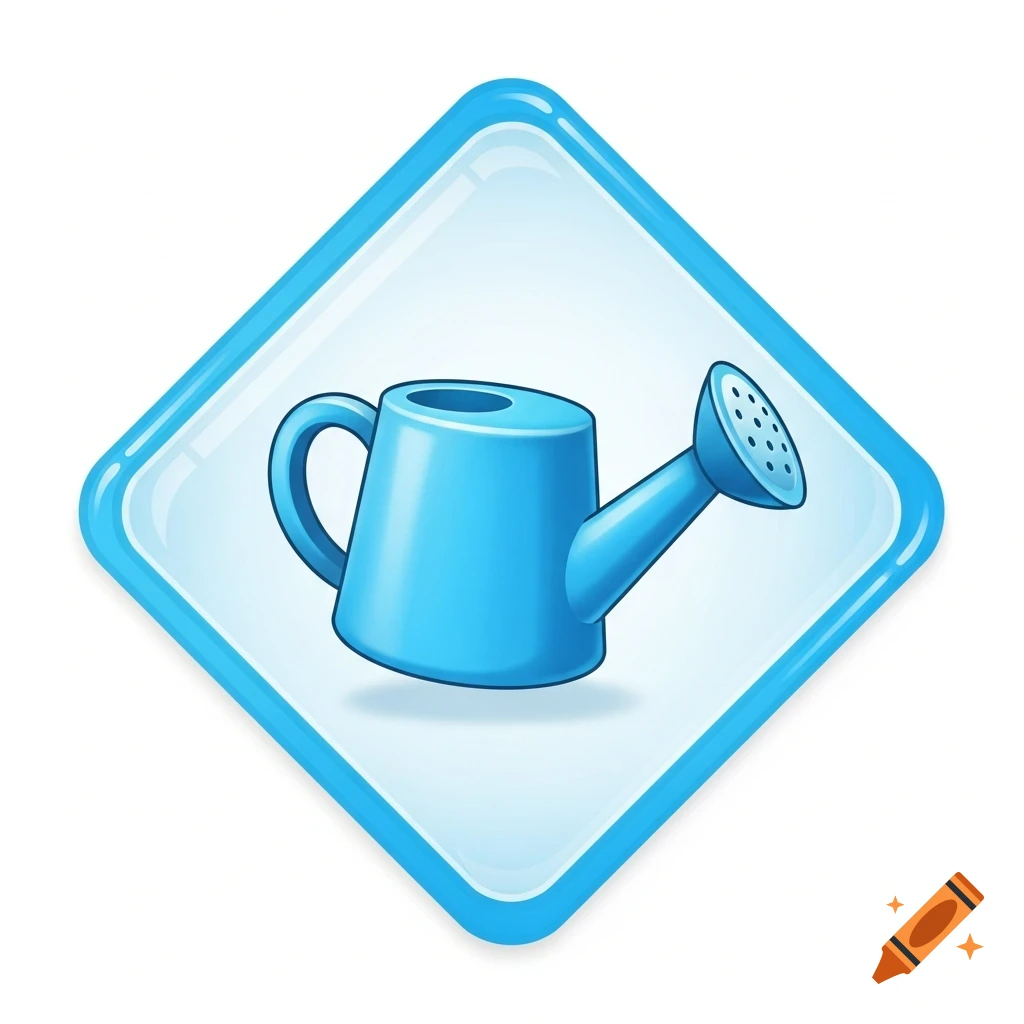 A cute blue cartoon watering can icon inside a light blue diamond shape, a game UI element.