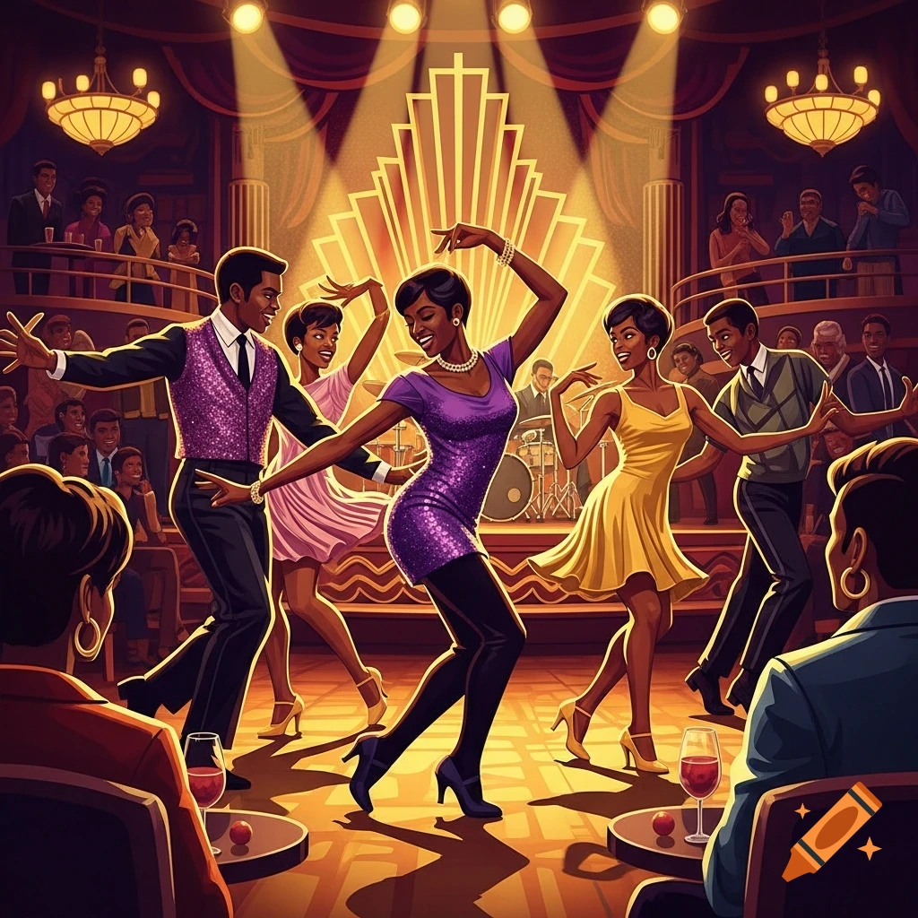 Stylized illustration of a group of Black dancers performing energetically on stage in a lively vintage cabaret club under spotlights.