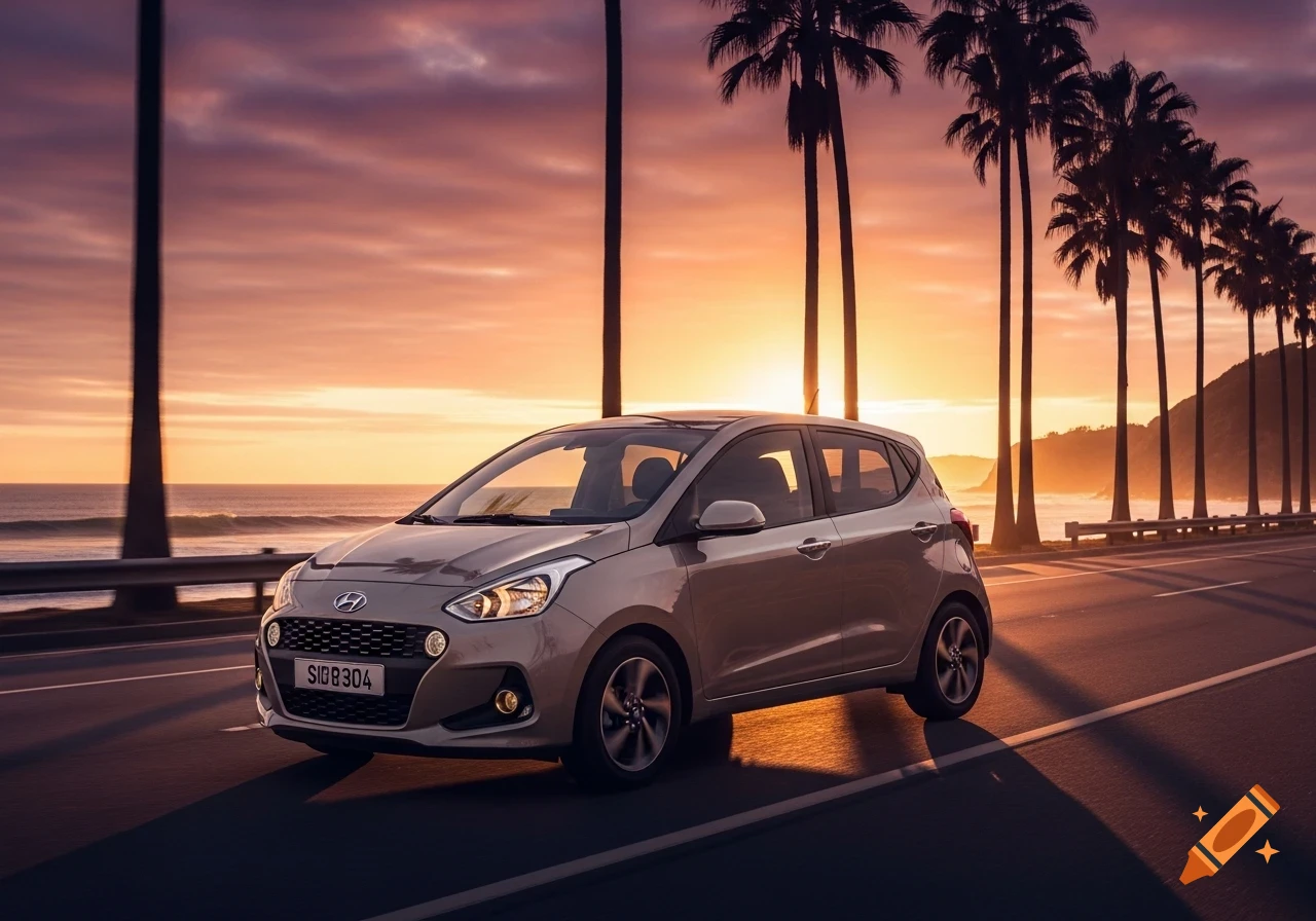 A beige Hyundai i10 drives on a coastal road lined with palm trees against a vibrant sunset over the ocean.
