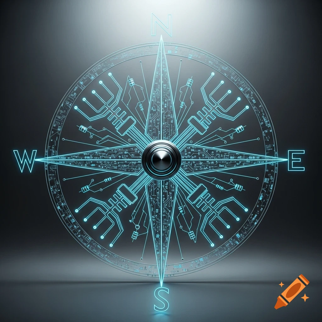 Glowing blue digital compass with circuit board patterns, showing cardinal directions N, W, E, S on a dark background.