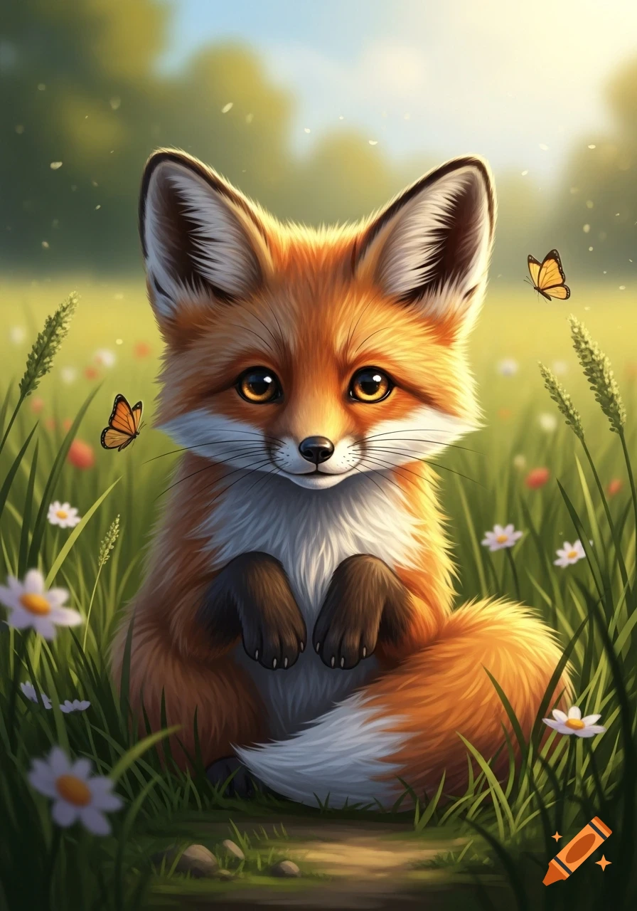 A cute, fluffy orange and white fox sits in a sunny green meadow with white flowers and butterflies, in a stylized illustration.