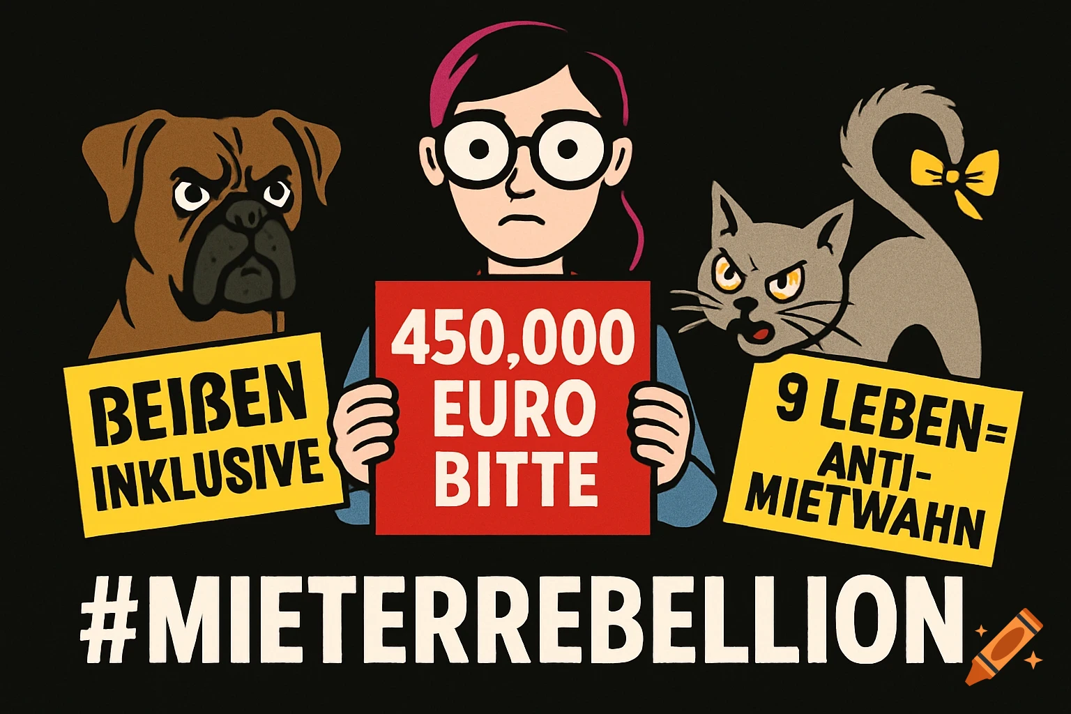A cartoon woman with glasses and pink hair holds a red sign, flanked by an angry brown boxer and a gray cat with a yellow bow, all holding protest signs, on a black background. The text reads "#MIETERREBELLION".