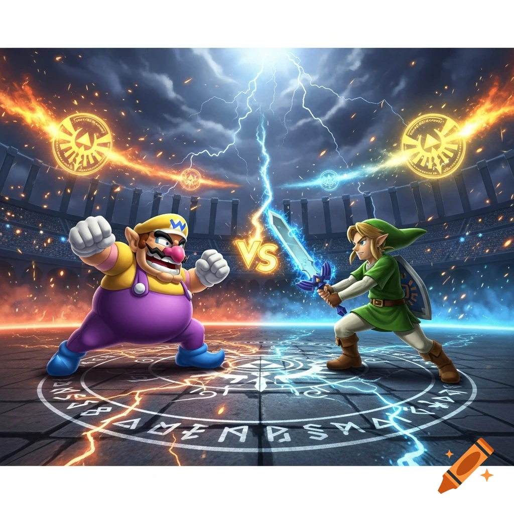 Wario and Link face off in a dramatic arena under a lightning storm, surrounded by magical symbols and glowing energy.