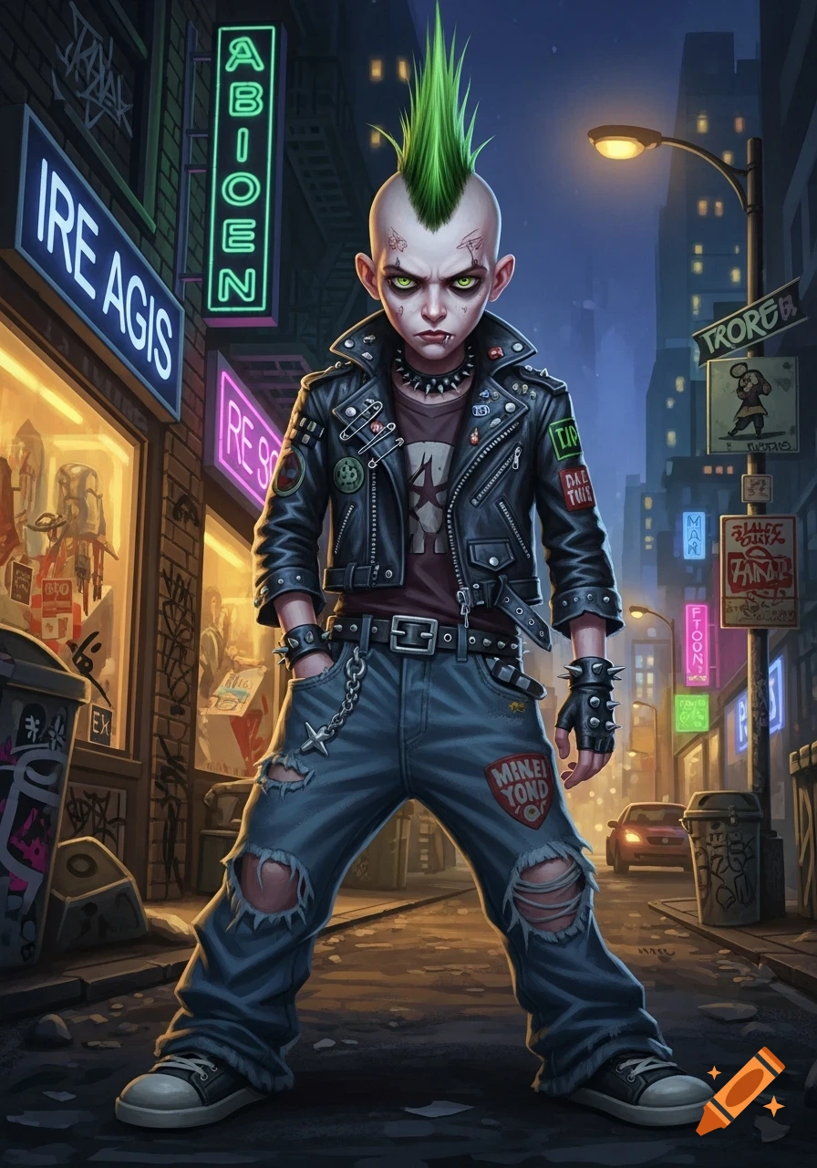 Stylized portrait of a punk rock boy with a green mohawk, leather jacket, and ripped jeans, standing on a dark urban street.