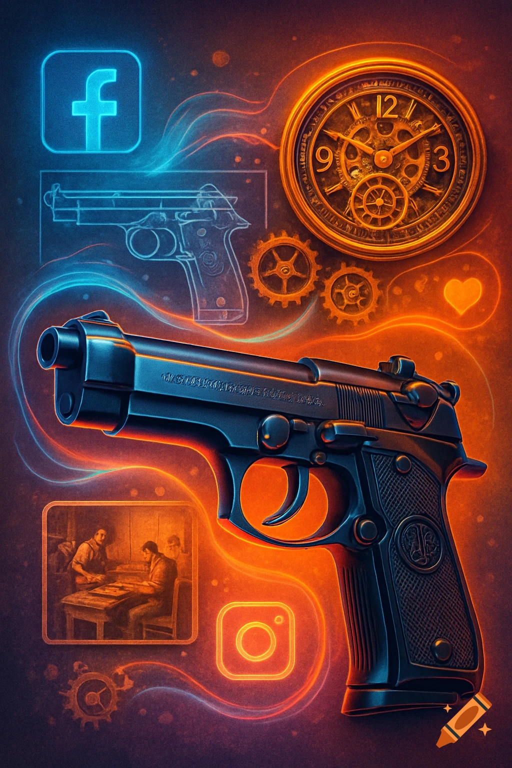 A stylized pistol with a neon outline against a dark background, surrounded by glowing Facebook and Instagram logos, a clock, gears, and flowing light trails in blue and orange.