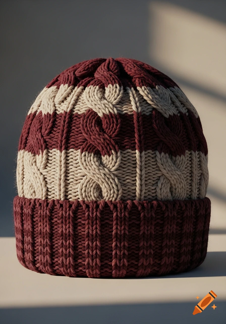 A close-up of a burgundy and off-white cable knit beanie hat with a ribbed cuff, lit from the side.