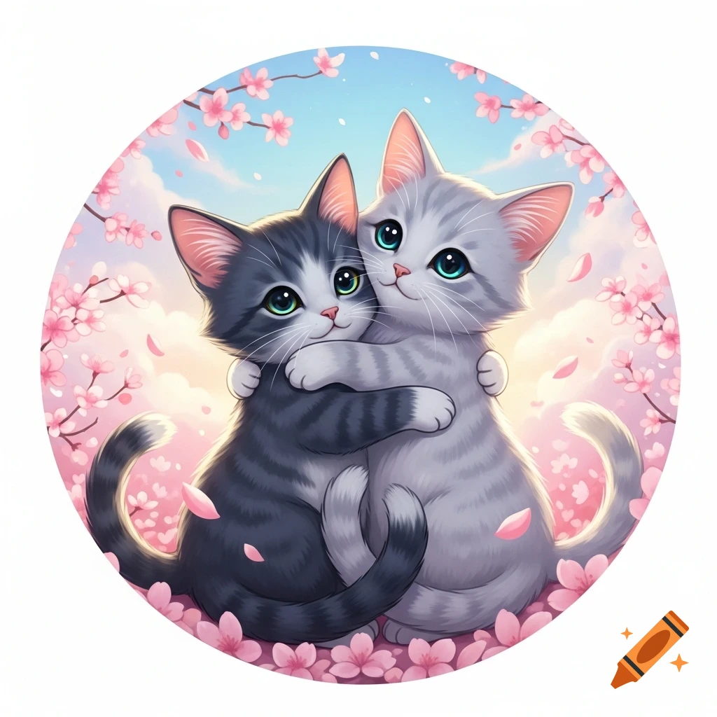 Two cute anime cats hugging amidst pink cherry blossoms and falling petals under a soft blue sky.