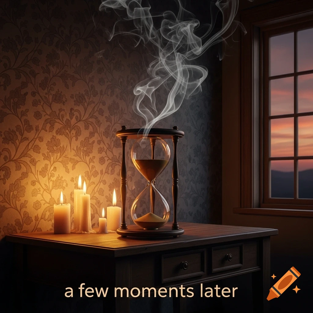 An hourglass on a wooden table, surrounded by lit candles and rising smoke, next to a window showing a sunset.
