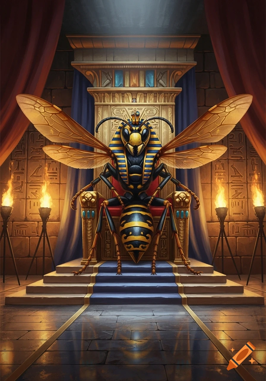 A majestic wasp wearing a golden pharaoh's headdress sits on an elaborate ancient Egyptian throne, flanked by torches and hieroglyph-covered walls.