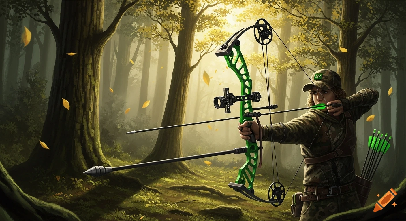 A person in camouflage aims a bright green compound bow in a sun-dappled forest, with arrows in a quiver.