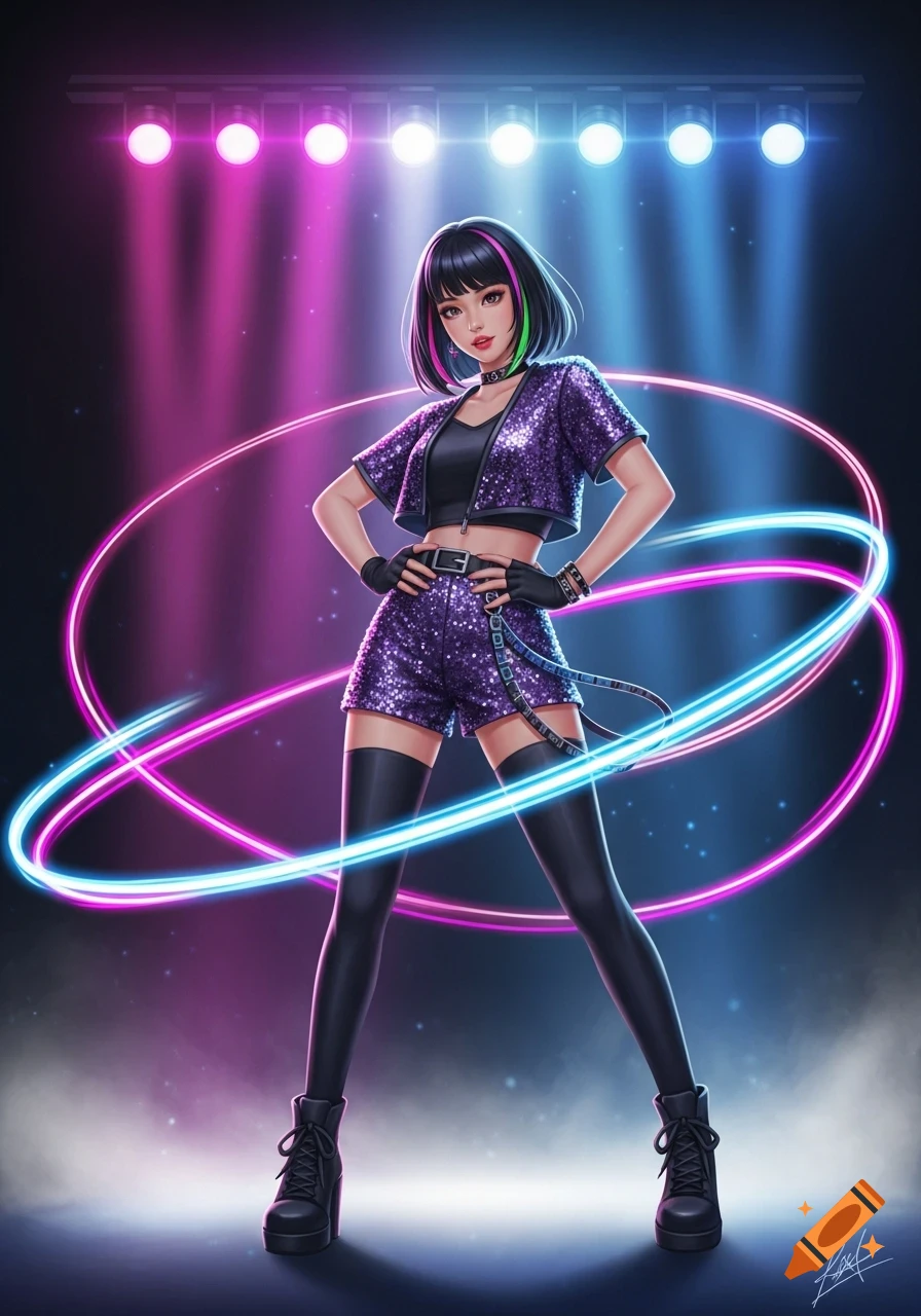 Stylized k-pop idol with black and green hair in a sparkly purple outfit, posing on a stage with pink and blue lights and neon rings, digital art.