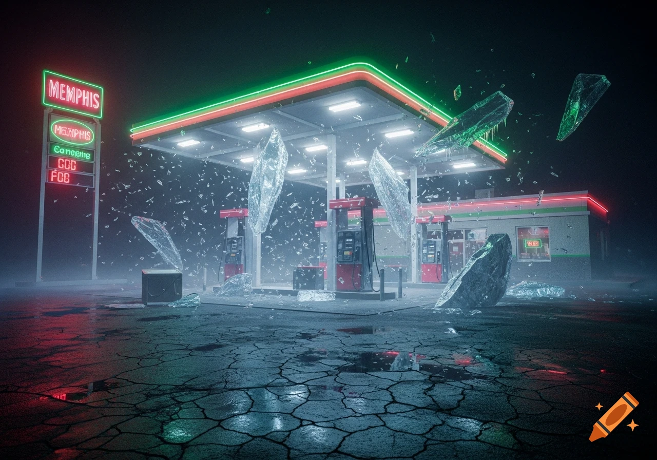 A neon-lit gas station at night, with large ice shards and debris shattering and flying through the air, reflecting red and green light on cracked pavement.