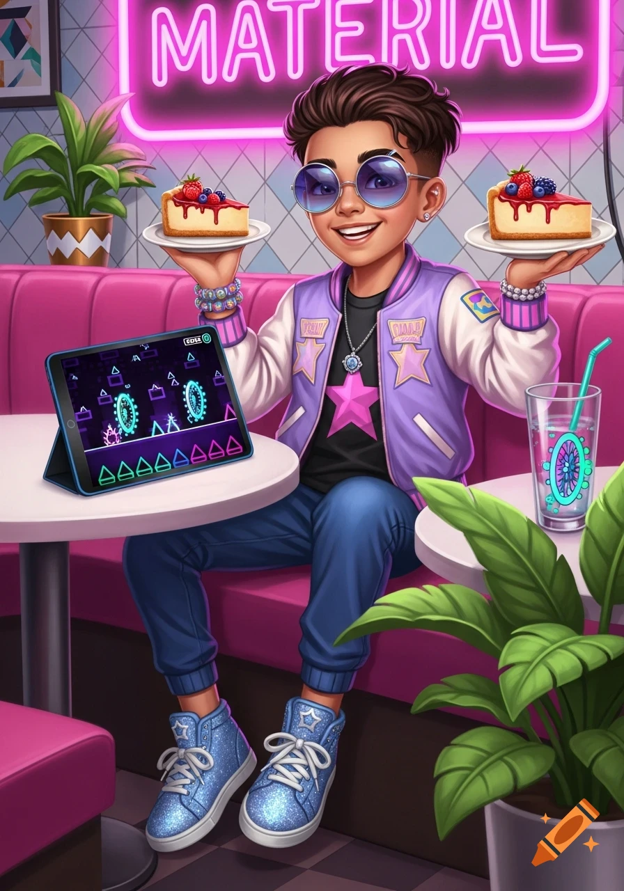 A stylized cartoon boy with blue sunglasses and a purple jacket holds two cheesecakes, sitting at a pink diner booth with a tablet showing a game and a drink.