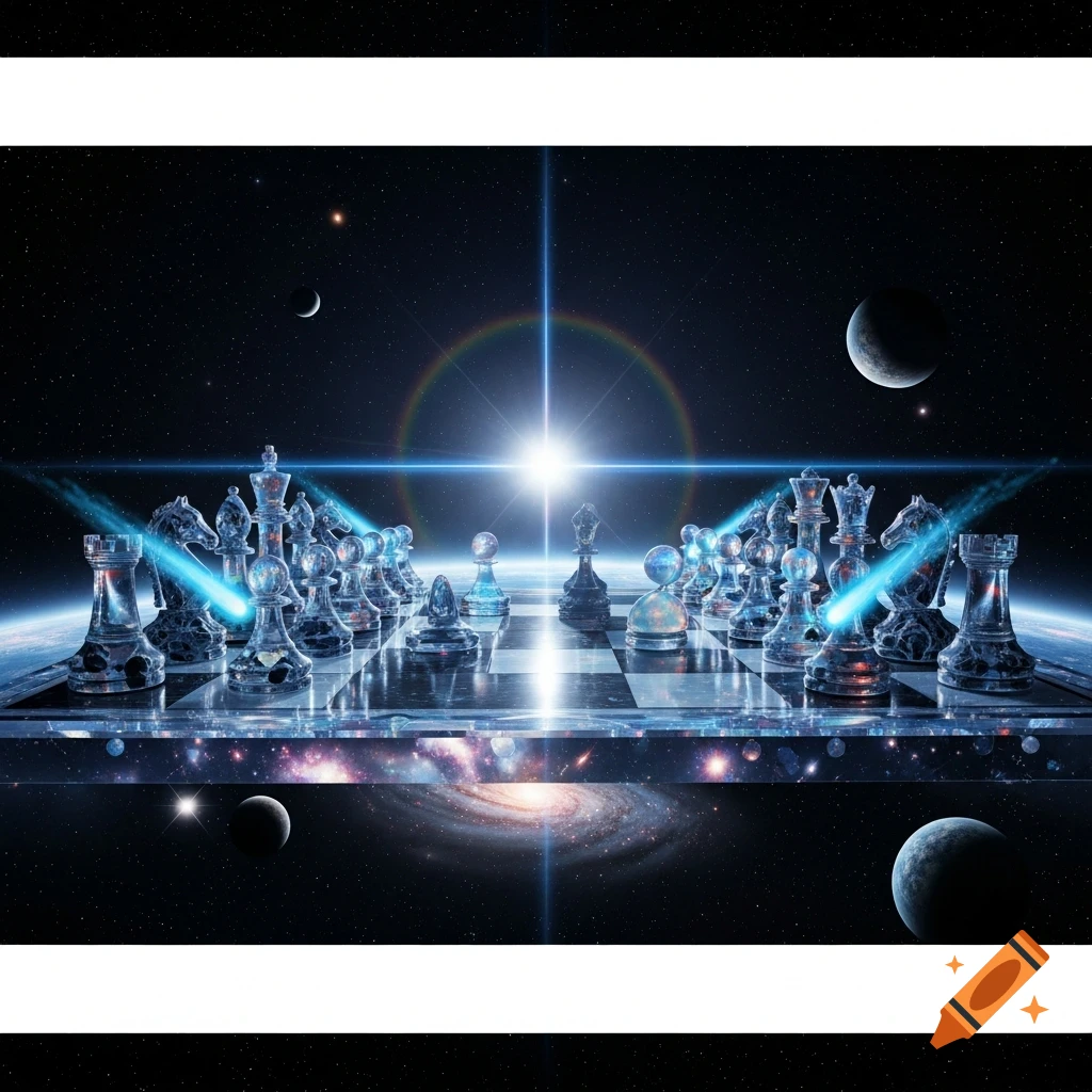 A chessboard with glowing blue and dark translucent pieces floats in a cosmic setting, surrounded by planets, stars, and nebulae.