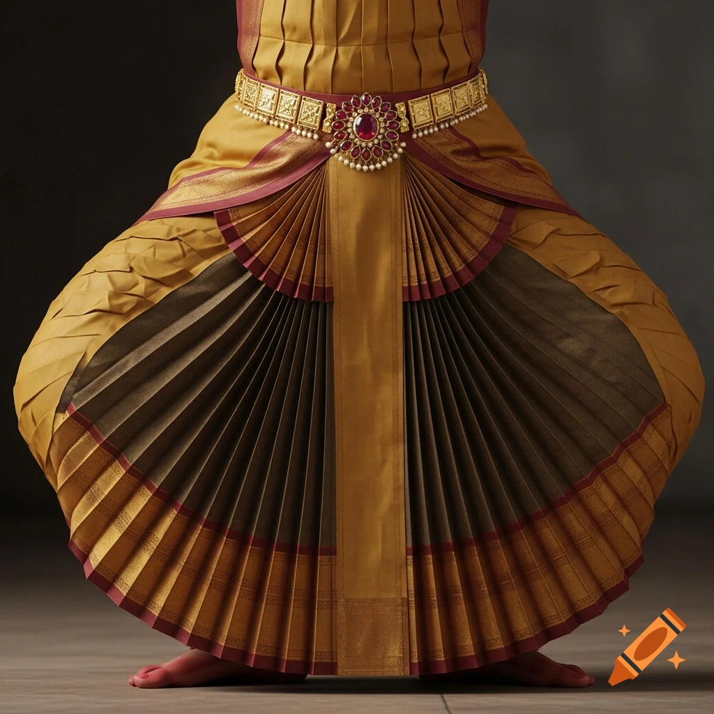 Close-up of a dancer's lower body in traditional Bharatanatyam attire, featuring a pleated skirt and an ornate gold and ruby waistband.