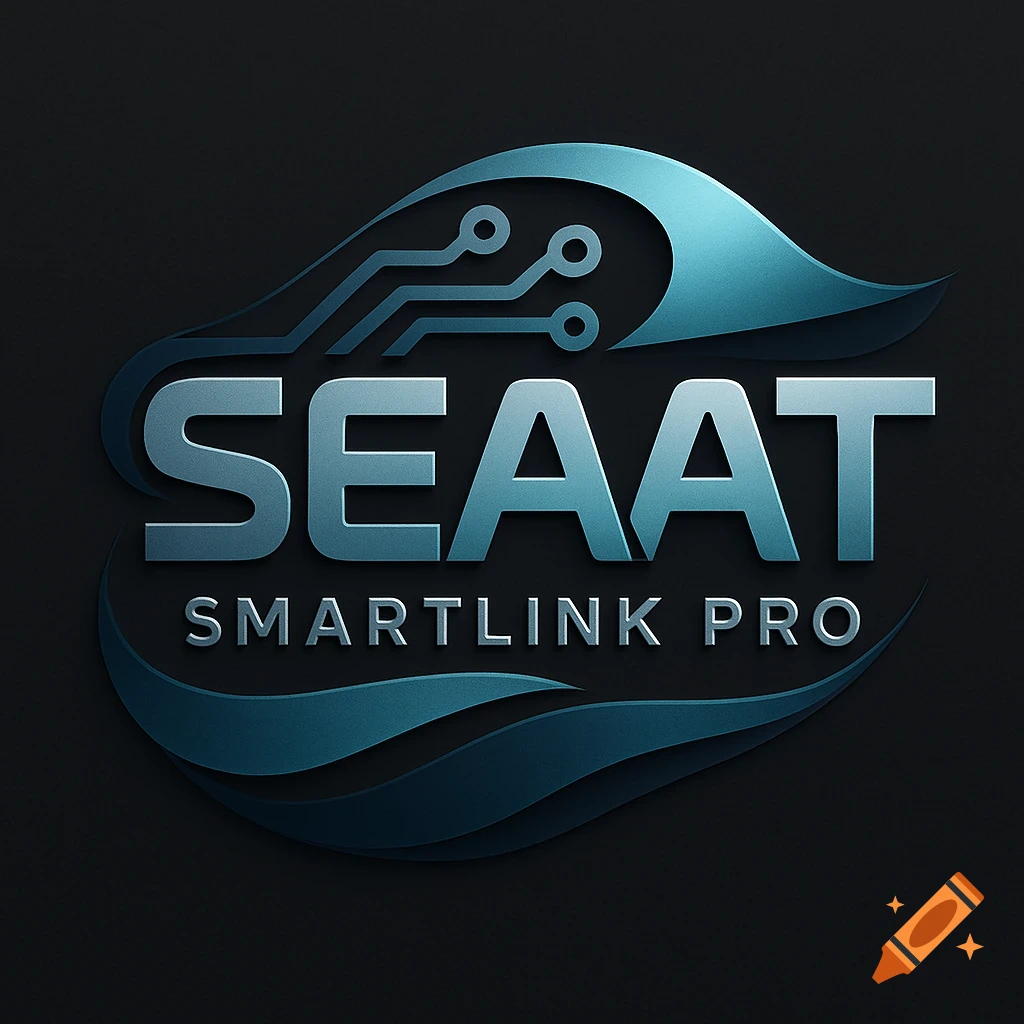 A sleek blue and silver logo for 'SEAAT SmartLink Pro' with a circuit board design and a wave motif on a dark background.