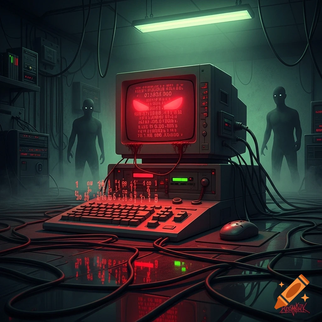 An ominous retro computer setup with a red-eyed monitor, surrounded by ...
