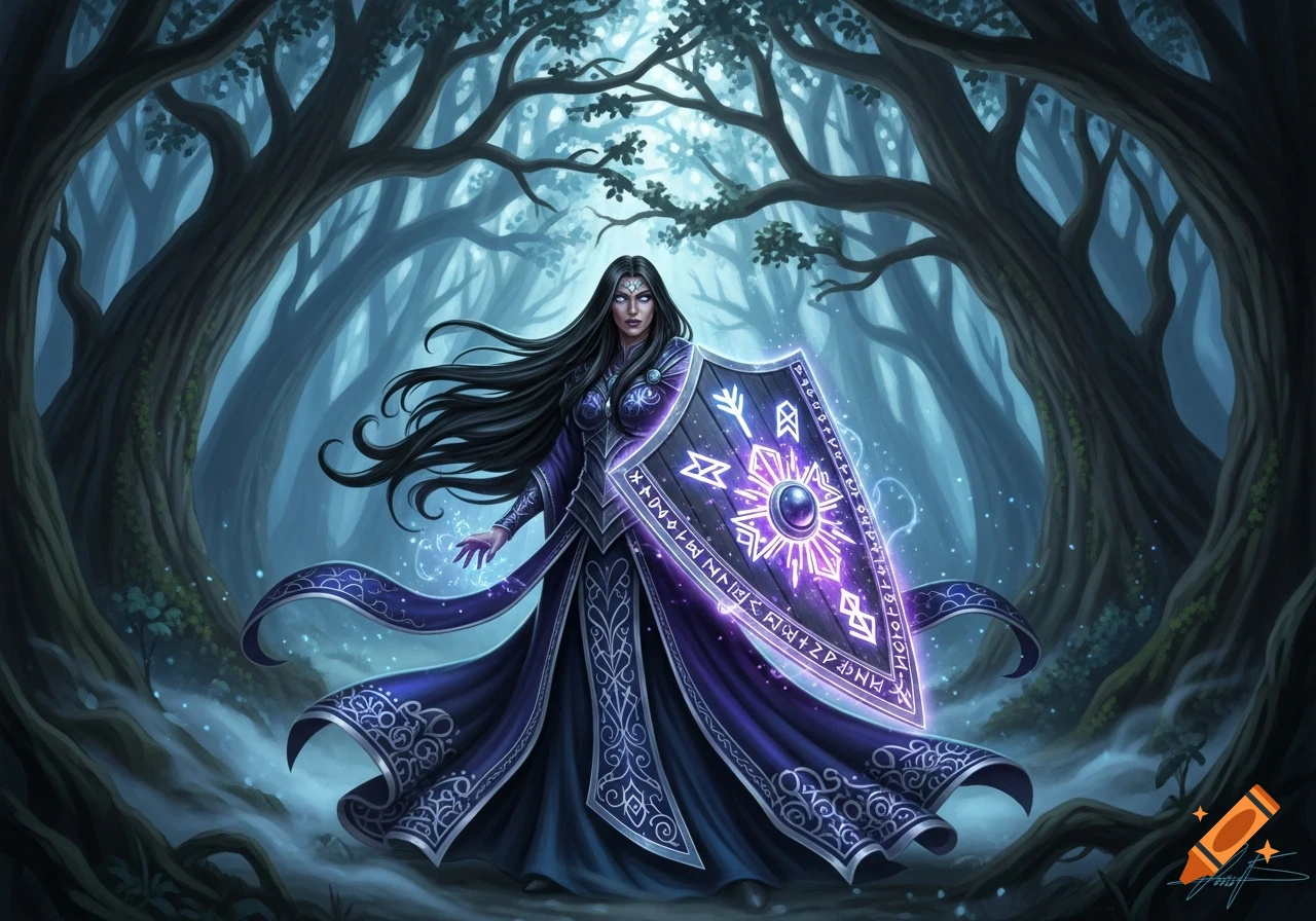 A witch with long black hair, wearing a purple dress, stands in a dark forest holding a glowing magical shield with runes and casting a spell.
