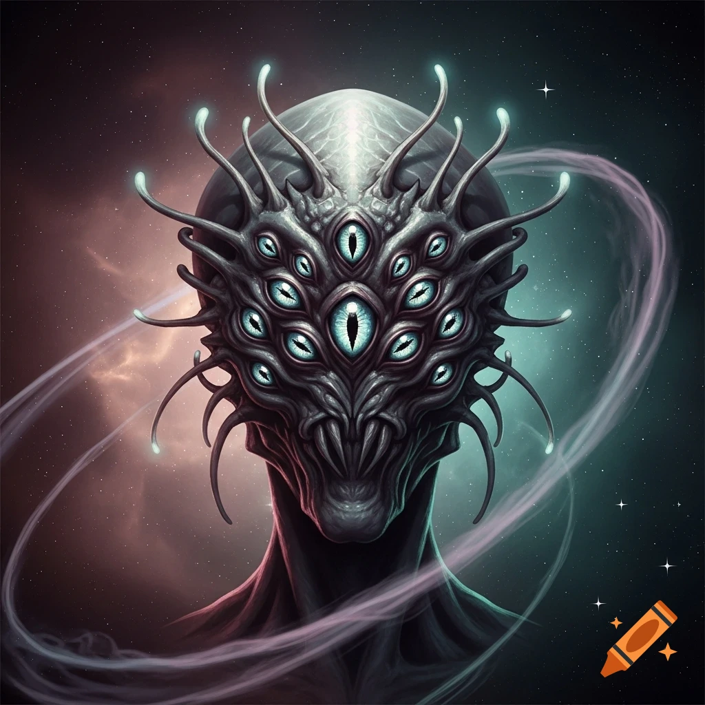 Detailed, dark alien head with many glowing blue-green eyes and tentacles, set against a cosmic background.
