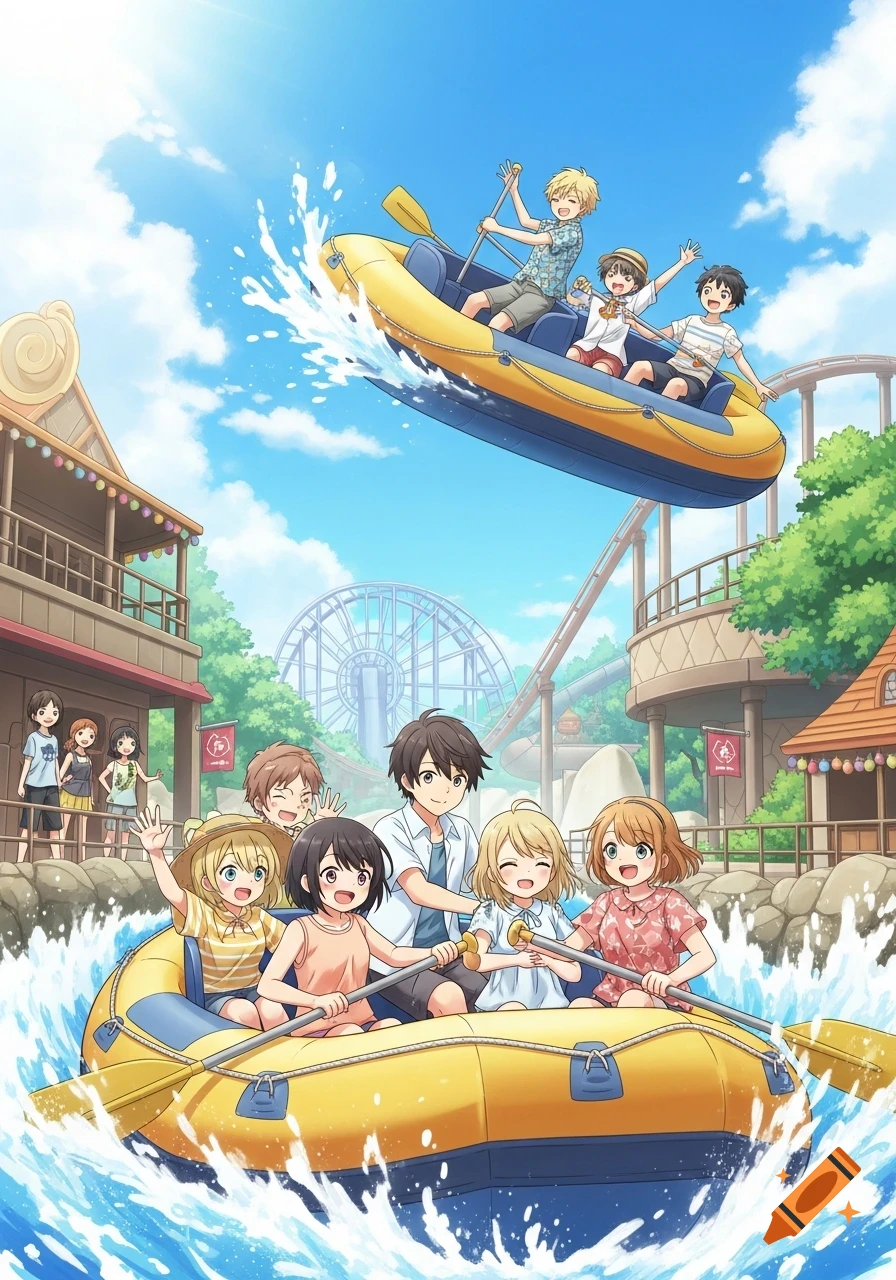 Anime illustration of several students on a school trip, enjoying a water rafting ride at a vibrant amusement park.